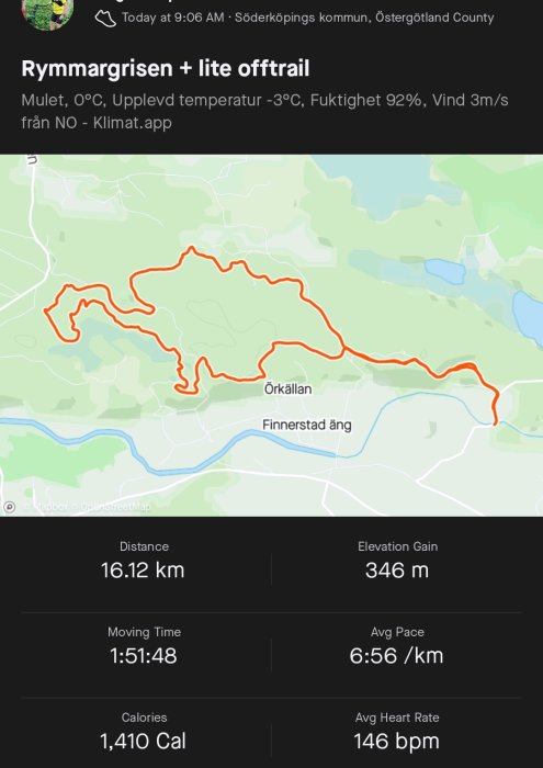 Karta över löprunda på 16,12 km med statistik inklusive höjdvinst, tempo, förbrukade kalorier och snittpuls.
