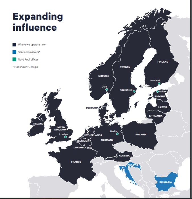 Karta som visar Nordpools nuvarande och servade marknader samt kontorsplatser i Europa.