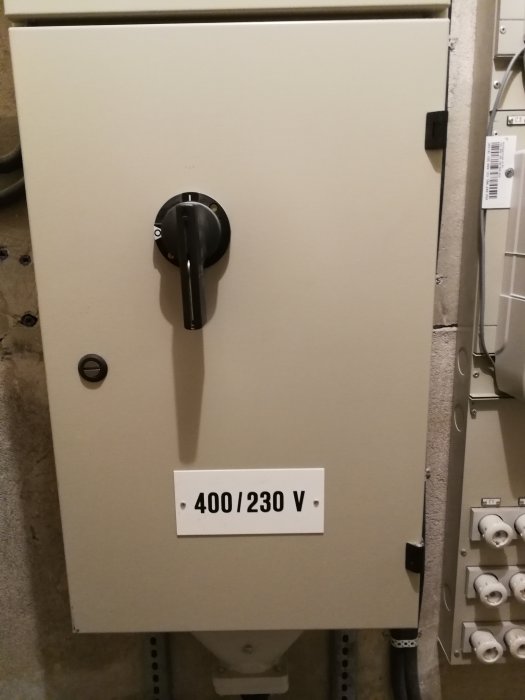 Elskåp märkt med "400/230 V" och brytare, potentiell elmatning för lägenhet.