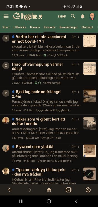 Skärmdump av ett forum med diskussionstrådar och användarkommentarer, vissa med inlagda bilder.