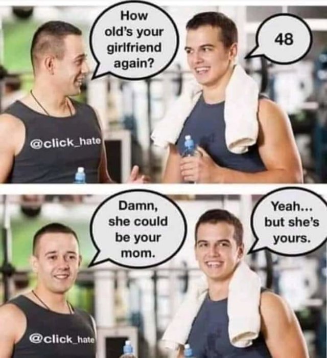 Två män konverserar på gymmet med pratbubblor, humoristisk text om ålder och relationer.