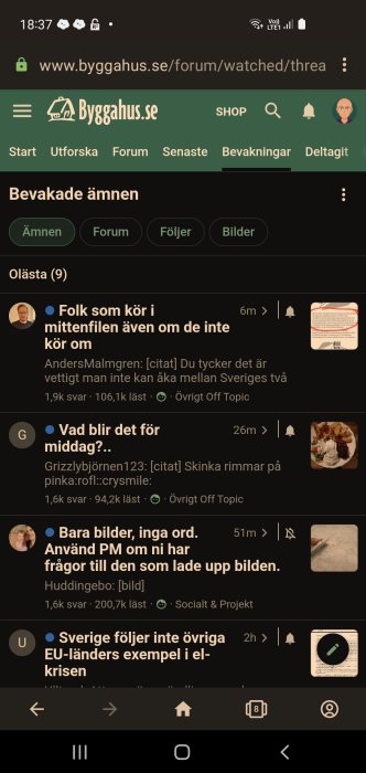 Skärmdump av diskussionsforumet byggahus.se med en lista över bevakade ämnen.