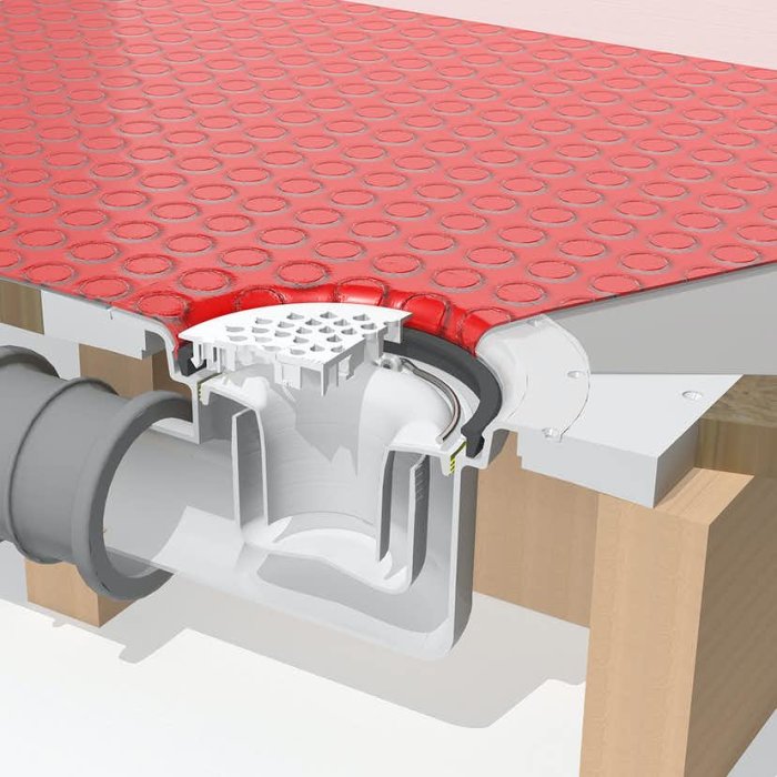 Illustration av en röd Purusplatta med räfflad sida uppåt intill ett golvbrunnssystem ovanför bjälklag.