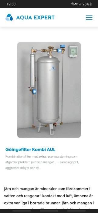 Kombinationsfilter för vattenrening, Aqua Expert, mot problem med järn, mangan och lågt pH.