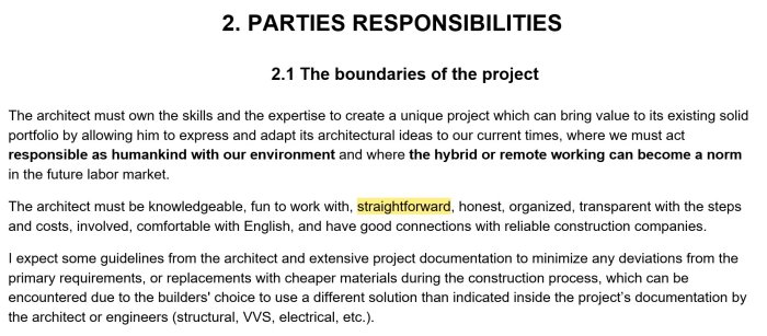 Textdokument som visar kapitel 2 om parternas ansvar i en byggprojektsspecifikation med fokus på arkitektens roller och förväntningar.