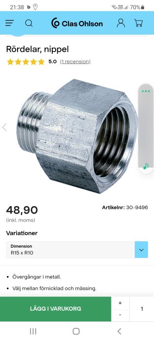 Rördelar, övergångsnippel R15 till R10 i metall, visas på Clas Ohlson webbsida.