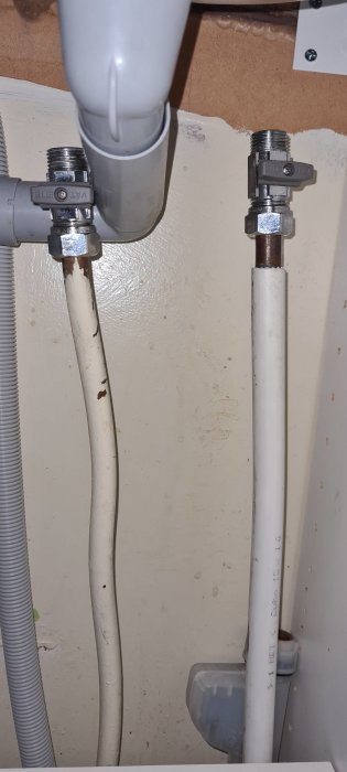 Två vattenrör med en isolerad och en oisolerad del leds fram till avstängningsventiler under en avloppsrörinstallation.