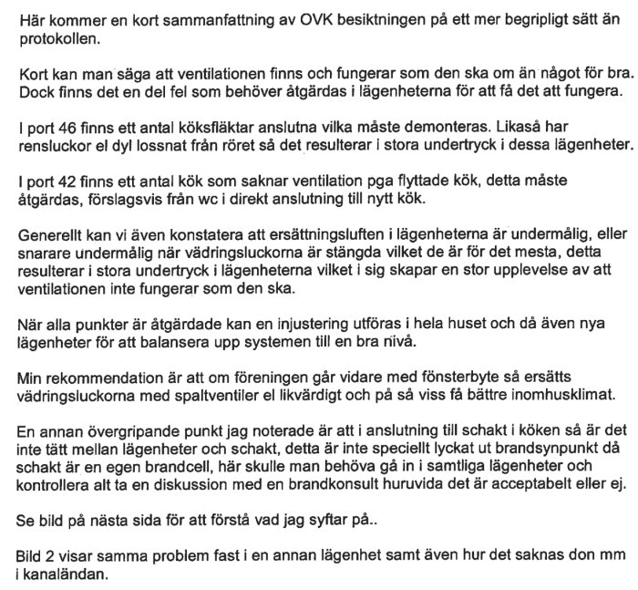 Bild på ett dokument som beskriver resultat av en OVK-besiktning med rekommendationer för ventilation.