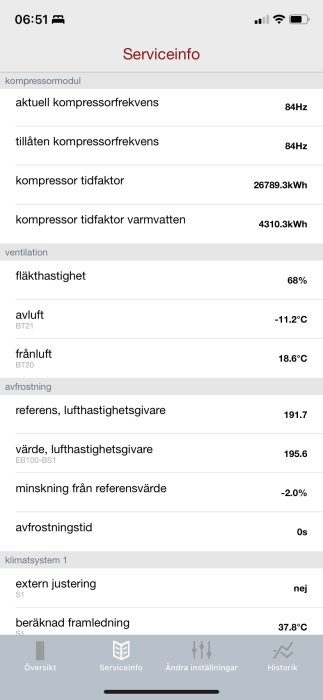 Skärmdump av värmepumps serviceinfo med aktuella värden på kompressorfrekvens och temperaturer.