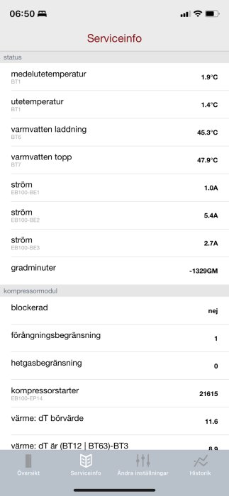 Skärmdump av serviceinformation för värmepump med temperaturvärden och driftstatus.