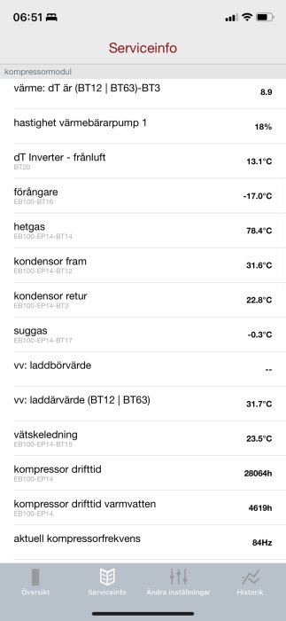 Skärmdump av värmepumpens serviceinformation med temperaturer och drifttider.