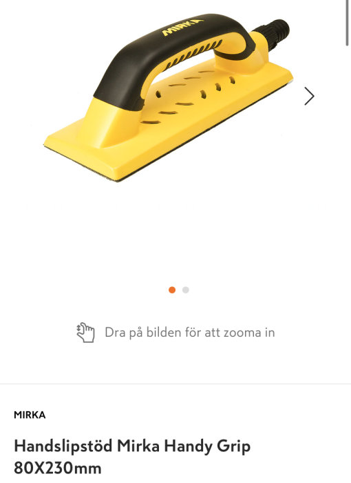 Mirka Handslipstöd Handy Grip i gult och svart med ergonomiskt handtag.