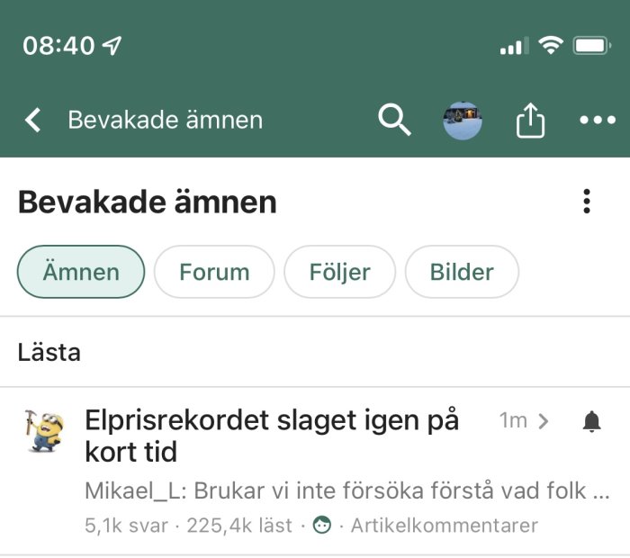 Skärmdump av diskussionsforum där Mikael_L:s avatar visas bredvid text från ett annat inlägg om elprisrekord.