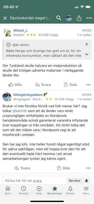 Skärmdump av diskussionstråd där två inlägg visas, inklusive avatars, användarnamn och tidsstämpel.