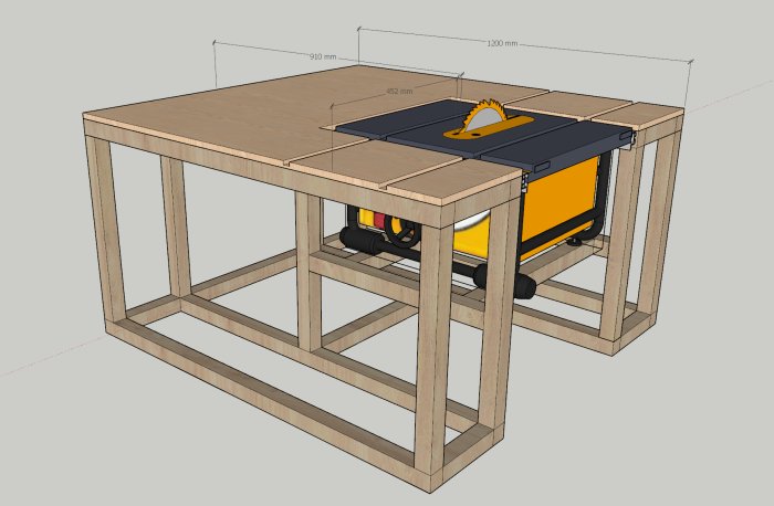 3D-modell av ett anpassat arbetsbord för Dewalt 7482 bordsåg med måttangivelser.