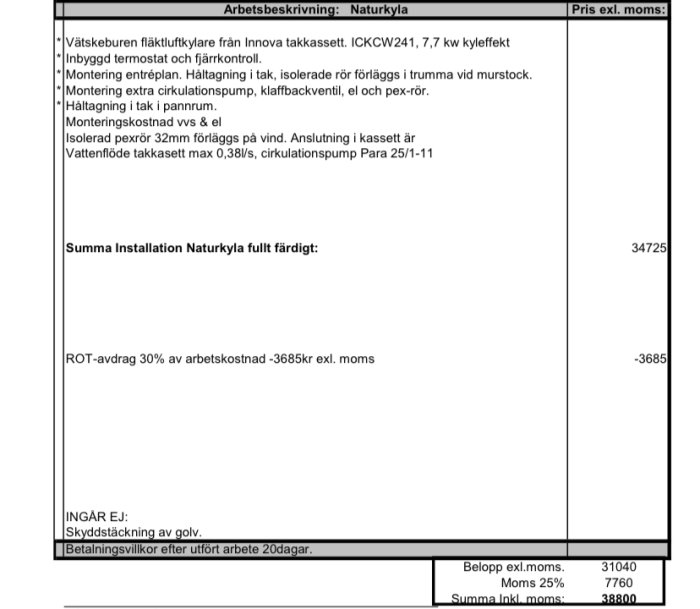 Offert för installation av naturkyla med specifikationer och priser exklusive moms.