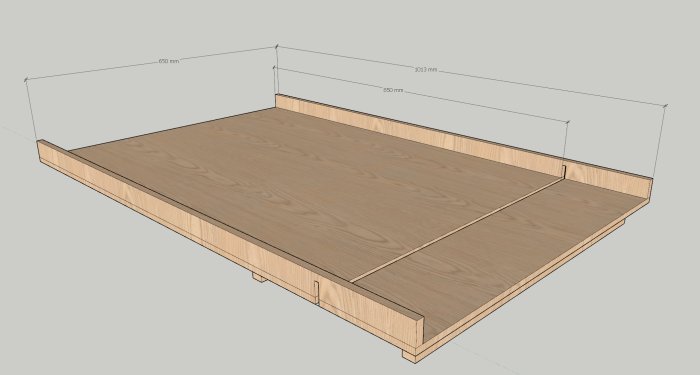 CAD-design av en anpassad snickarbänk eller kappsädesläd i plywood med måttangivelser.