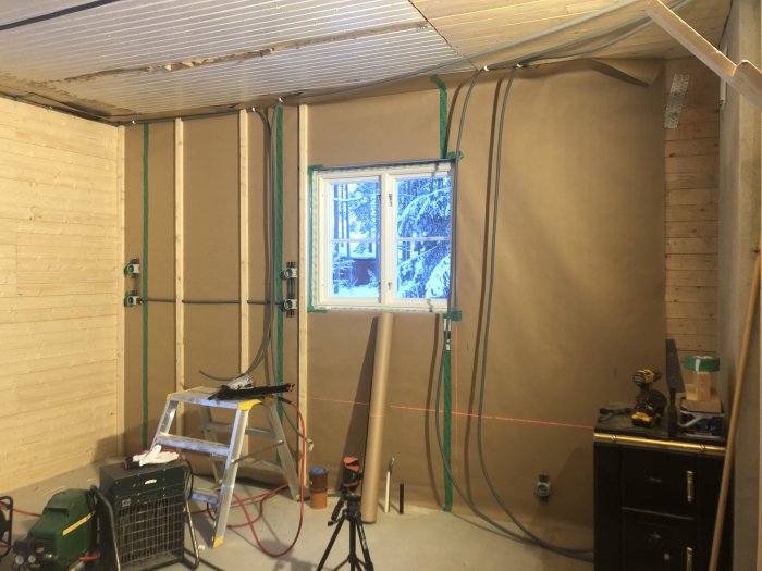 Renoverat rum med oisolerade väggar, elinstallationer och nivelleringslaser, under uppbyggnad.