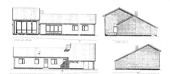 Arkitektritningar på ett hus med förslag om att byta till svarta Steni fasadskivor och integrera med taket.