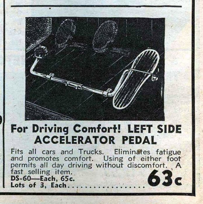 Vintage annons visar en vänstersidig gaspedal för bilar och lastbilar, med text om komfort och trötthetsreducering. Pris: 63 cent.