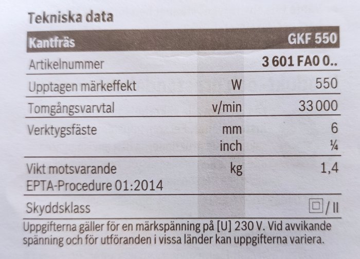 Tekniska specifikationer för Bosch GKF 550 kantfräs, fokus på verktygsfäste 6 mm/1/4 tum.