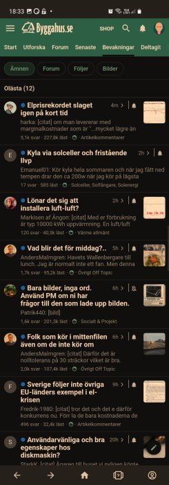 Skärmdump av ett diskussionsforum med olika trådar om byggprojekt och renoveringar.