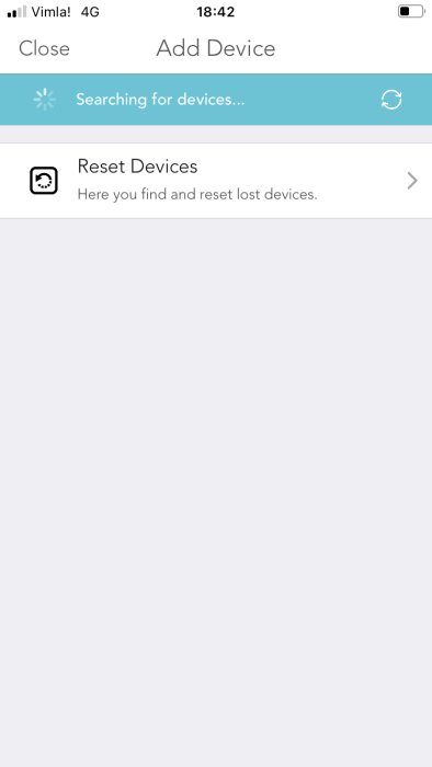 Mobilskärm visar "Add Device" och "Reset Devices" i en app för att söka eller återställa enheter.