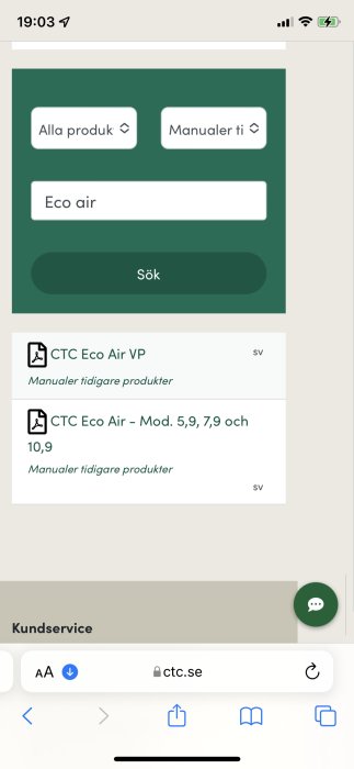 Skärmdump från CTCs webbplats som visar en sökfunktion för manualer och listade produkter, inklusive CTC Eco Air modeller.