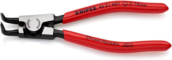 Knipex låsringstång för ytterringar på axlar, 125 mm, modell 46 21 A01, med röda handtag och spetstänger.