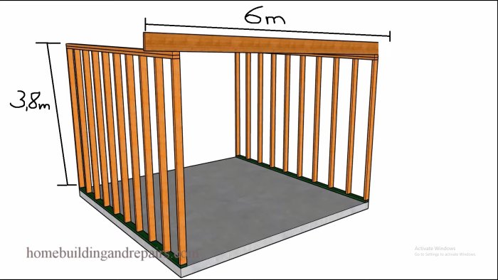 Digital skiss av ett byggprojekt med trästomme, 6 meter långa balkar för tak på en 3.8 meter hög konstruktion.