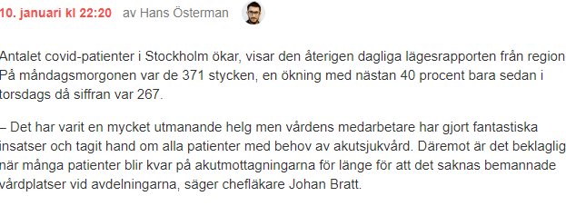 Skärmdump av ett foruminlägg om covid-läget i Stockholm med statistik och citat från chefsläkare.