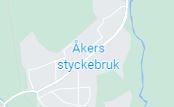 Kartutsnitt som visar platsnamnet Åkers styckebruk markerat på en karta.