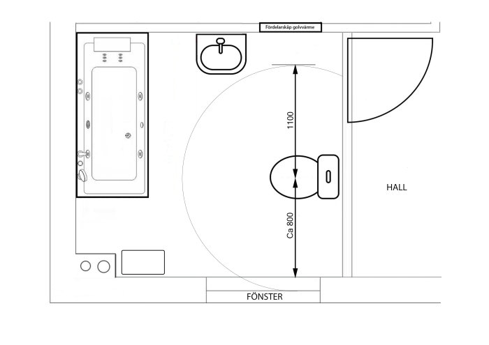 Schematisk ritning av badrumsplan med mått runt WC, badkar och handfat.