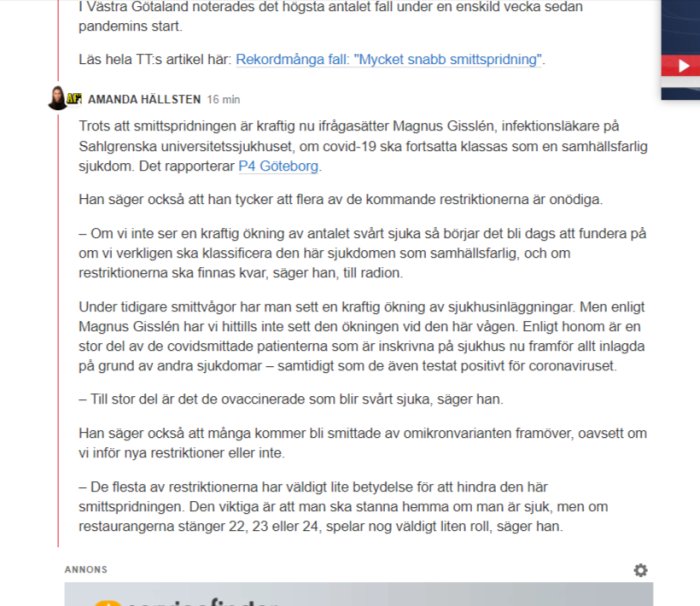 Skärmdump av ett diskussionsforum med en nyhetsartikel om covid-sjukhusinläggningar och restriktioner.