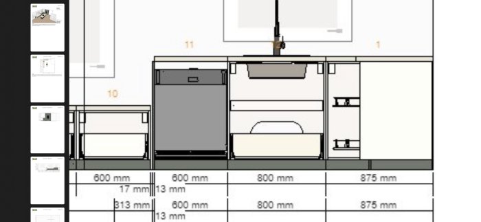 Ritning av IKEA köksinredning med mått för bänkskiva och inbyggd diskmaskin.