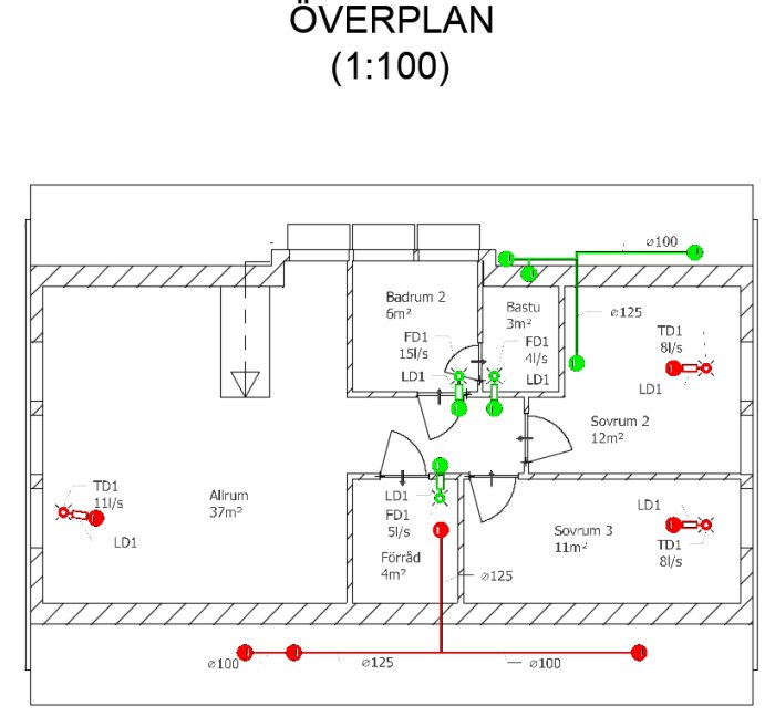 Överplan av ett hus med markerade ventilationssystem, tilluftsplatser och dimensioner i varje rum.