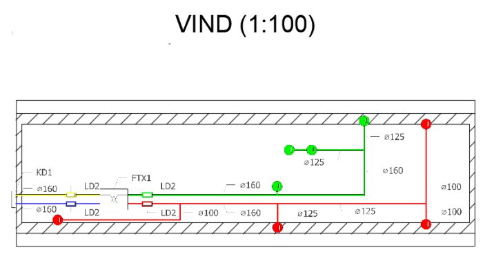 Uppdaterad ritning av ventilation i ett rum med plats för matplats och sovrum, visar positioner för tilluftsventiler och måttangivelser.