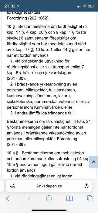 Skärmdump av trafikförordningstext med regler för hastighetsöverträdelse vid utryckningar och speciella tjänster.