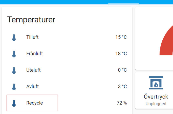 Skärmdump av gränssnitt som visar temperaturer inklusive "Recycle" vid 72 procent i ett smart hem-system.