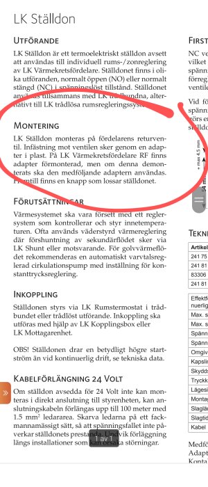 Skärmdump av en användarmanual för LK Ställdon med text om termoelektrisk ställdons användning och montering.