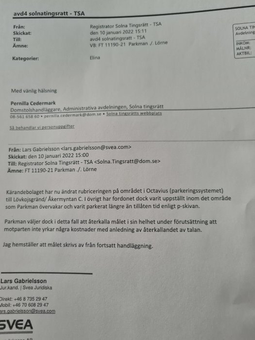 Dokument från Solna Tingsrätt med korrigerad rubricering om parkeringssystem, daterat den 10 januari 2022.