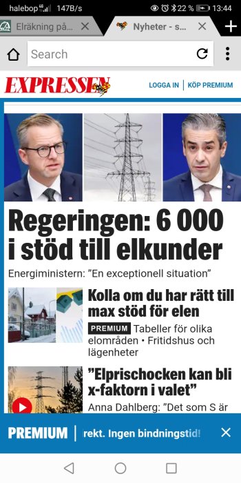 Skärmdump från Expressen med rubrik om regeringens stöd till elkunder och bilder på elledningar samt två män.