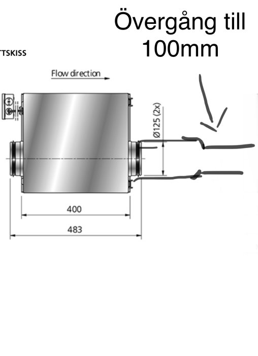 Teknisk ritning av Östbergs IRE C1 125 radonsug med övergång från 125mm till 100mm.