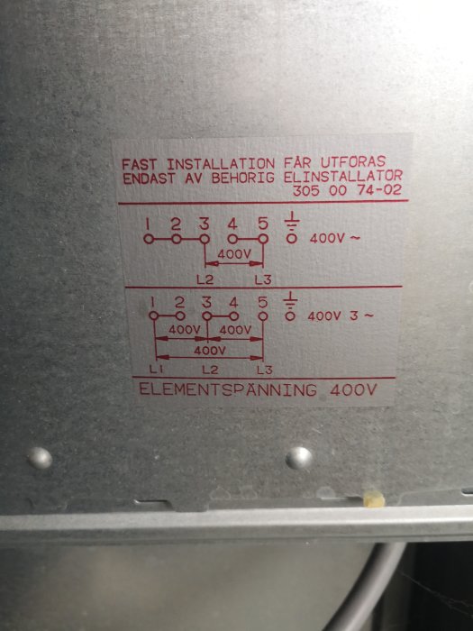 Etikett med elektriska anslutningsscheman för 400V spisinstallation.