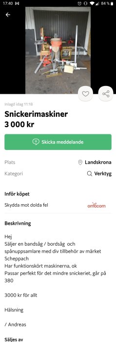 Verktyg för snickeri inklusive bandsåg, bordsåg och spånuppsamlare från Scheppach till salu.