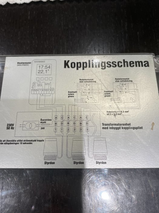 Ett kopplingsschema för termostat och styrdon med beskrivande texter och diagram.