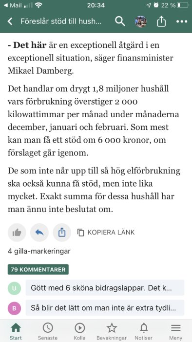 Skärmdump av en nyhetsartikel på en mobil enhet med kommentarer och reaktioner.