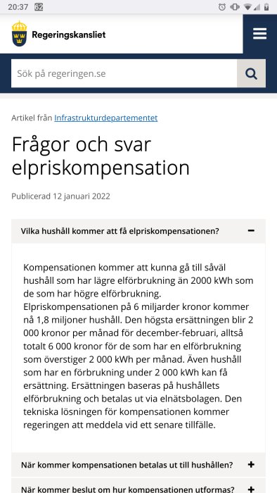 Skärmdump från regeringens webbplats visar artikel om elpriskompensation med FAQ-sektion.