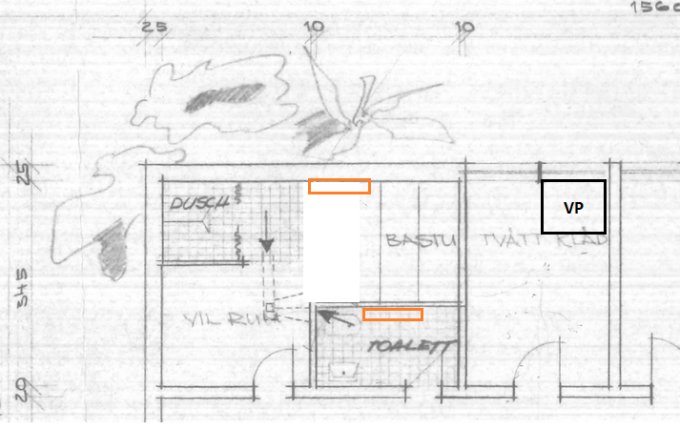 Handritad skiss över en källarplanlösning med markerade platser för radiatorer och VP (värmepump).