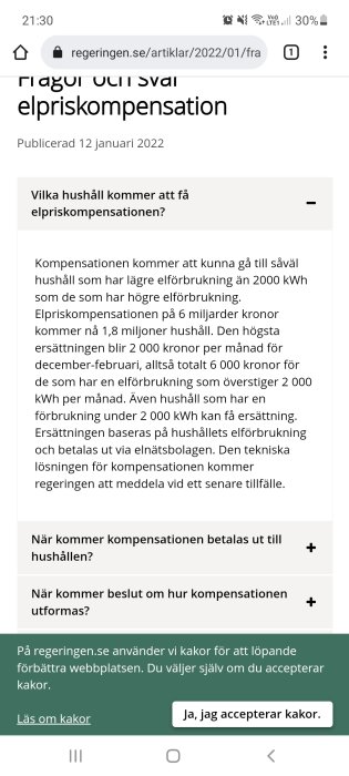 Skärmdump av en webbsida om elpriskompensation med en artikel publicerad den 12 januari 2022.
